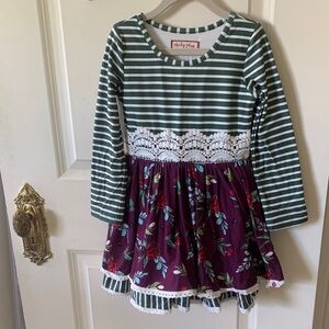 Cheeky Plum Green and White Striped Dress with Embroidery Accents
